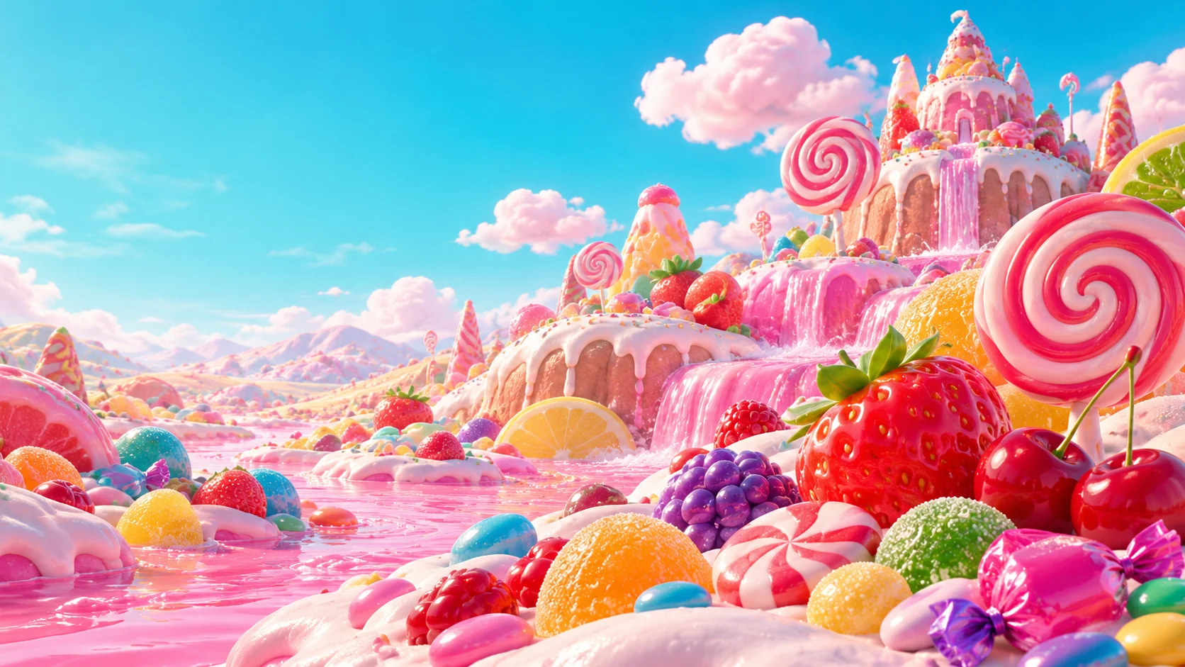 Illustration de paysage fantaisie avec bonbons brillants, sucettes et collines de confiserie