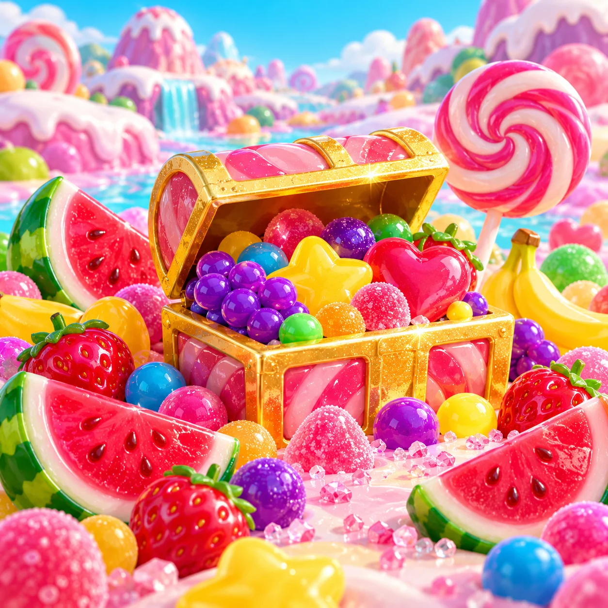 Coffret doré rempli de bonbons, fruits brillants et sucette dans un paysage pastel
